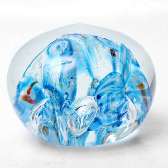 Vintage Art Glass Paperweight Blue Swirl Blue White Orange Retro Clear - Picture 6 of 9